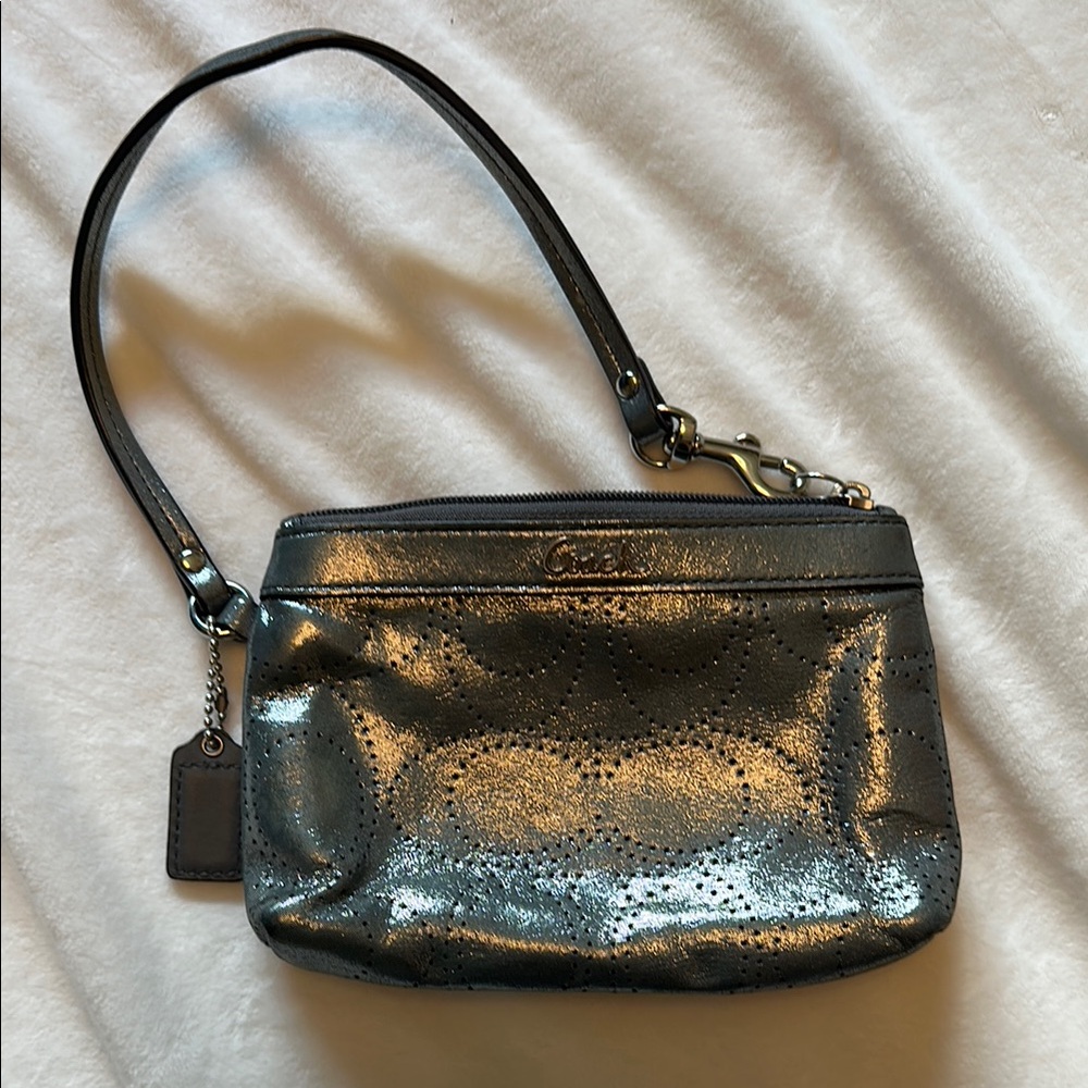 Coach Metallic Perforated Leather Wristlet – Gunmetal Gray